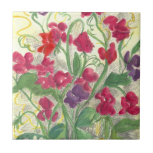Pink Sweet Pea Watercolor Flower Garden Tile Art