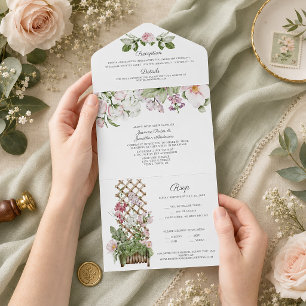 Pink Sweet Peas and Roses Wedding All In One Invitation
