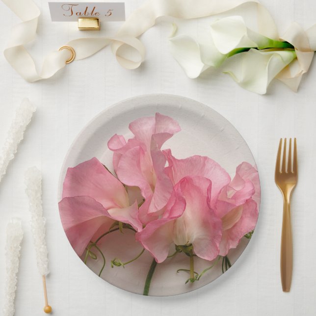 Pink sweet peas close up paper plate (Wedding)