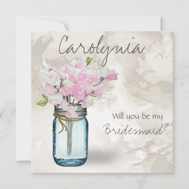 PINK SWEET PEAS VINTAGE MASON JAR WATERCOLOR INVITATION (Front)