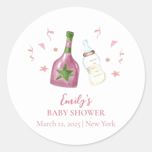 Pink Sweet Poppin Champagne Bottles Baby Shower Classic Round Sticker (Front)