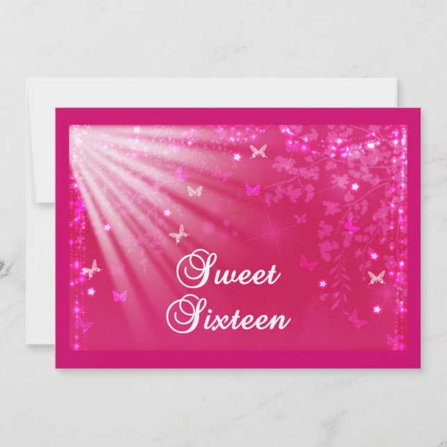 Pink Sweet Sixteen Butterflies & Stars Invitation (Front)