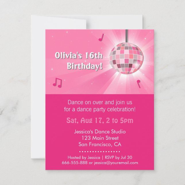 Pink Sweet Sixteen Disco Dance Birthday Party Invitation (Front)