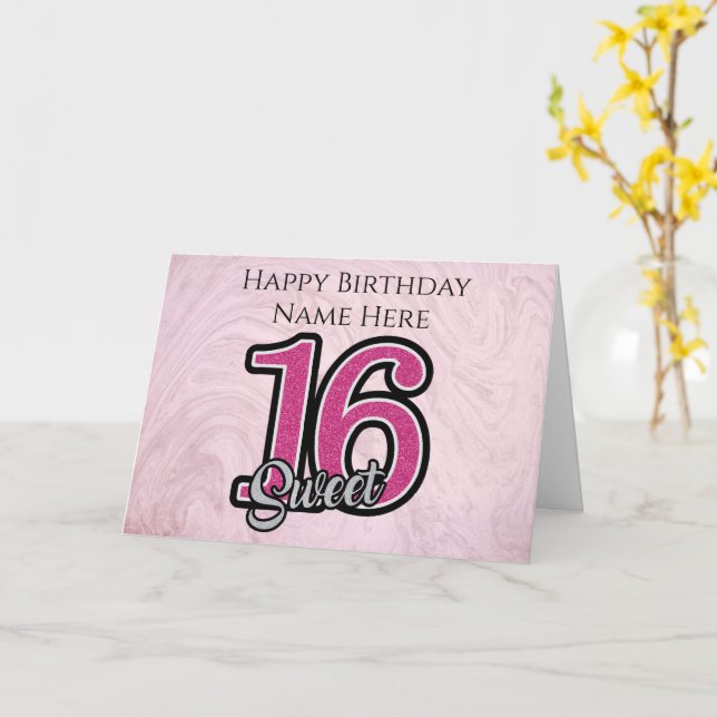 Pink Sweet Sixteen Personalised Birthday Card (Yellow Flower)
