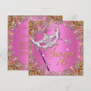 Pink Sweet Sixteen Sweet 16 Masquerade Gold Invitation