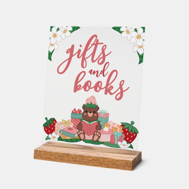 Pink Sweet Strawberry Bear Gifts Books Baby Shower Acrylic Sign (Angle)
