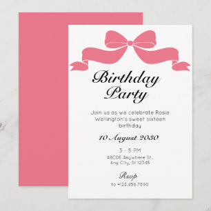 Pink sweet tie ribbon bow birthday  invitation