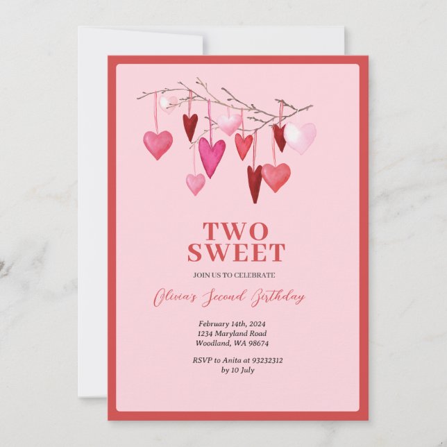 Pink Sweet TWO Valentine Heart Balloon Birthday Invitation (Front)