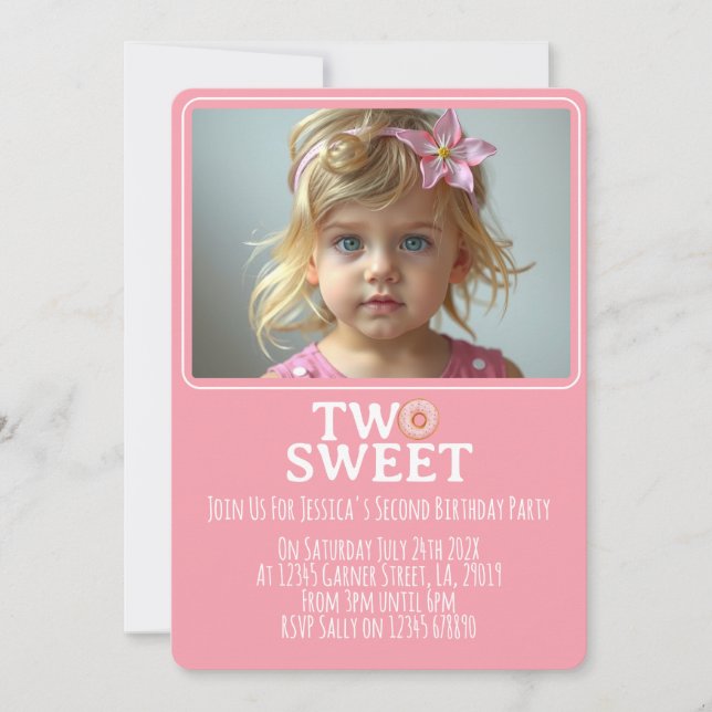 Pink Sweet Two Year Old Girl Photo Party Invite (Front)