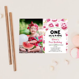 Pink Sweet Watermelon Birthday 1st Birthday Photo Invitation