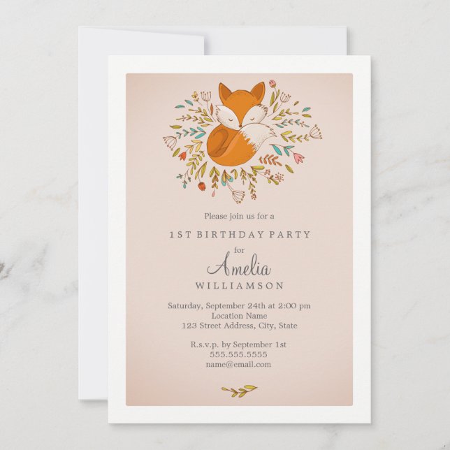 Pink Sweet Woodland Fox First Birthday Invitation (Front)