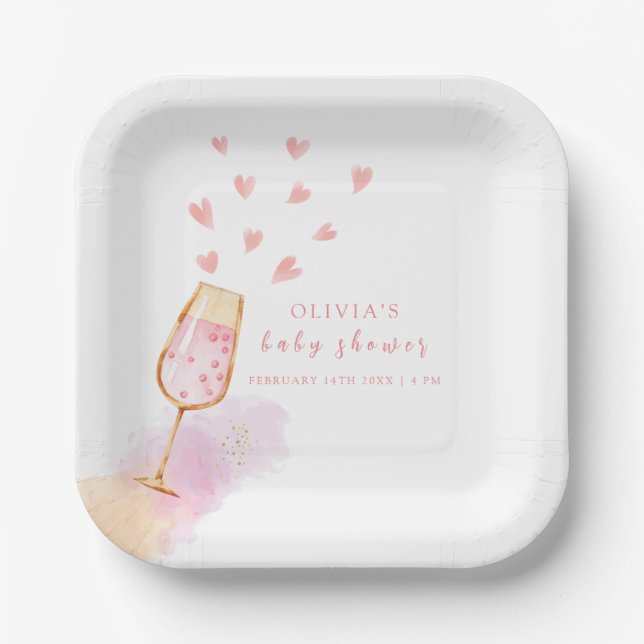 Pink Sweetheart Champagne Valentines Baby Shower Paper Plate (Front)