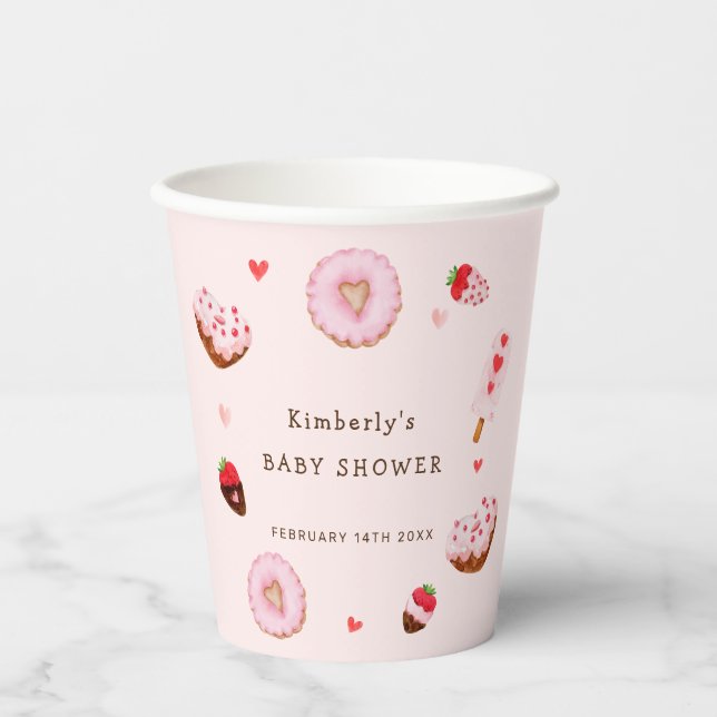 Pink Sweetheart Doughnuts Valentines Baby Shower Paper Cups (Front)