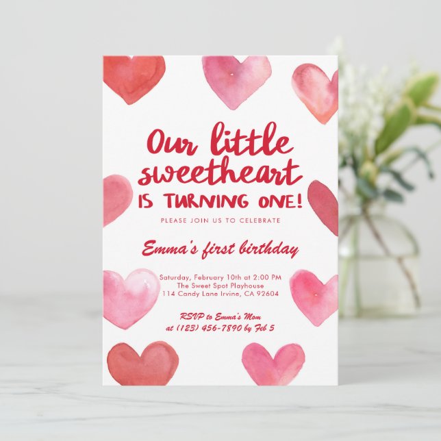 Pink Sweetheart First Birthday Girl Valentine Invitation (Standing Front)