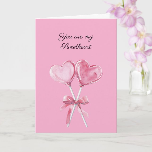 Pink Sweetheart Heart Suckers with Bow Love Card (Orchid)