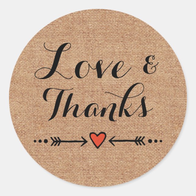 Pink Sweethearts & Arrows Burlap Love & Thanks Classic Round Sticker (Front)