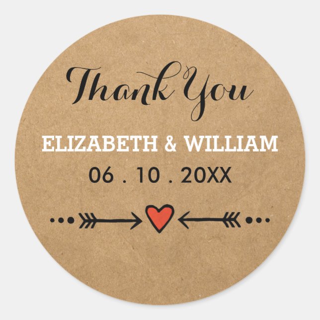 Pink Sweethearts & Arrows Rustic Wedding Thank You Classic Round Sticker (Front)