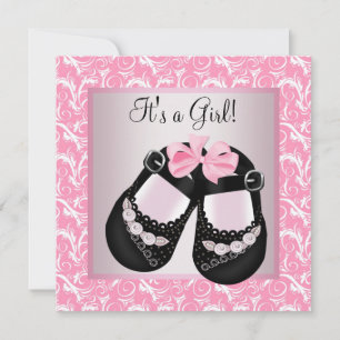 Pink Swirl Black Shoes Pink Black Baby Girl Shower Invitation