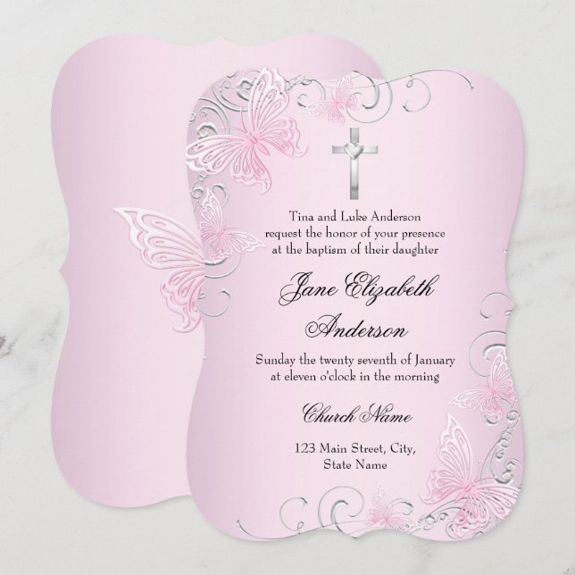 Pink Swirl Butterfly & Cross Baptism Invitation (Front/Back)