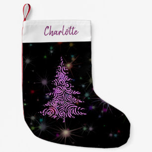 Pink swirl Christmas tree with colourful starburst Small Christmas Stocking