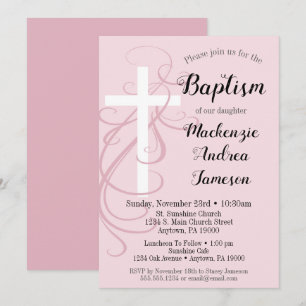 Pink Swirl Cross Baptism Invitation Girl's