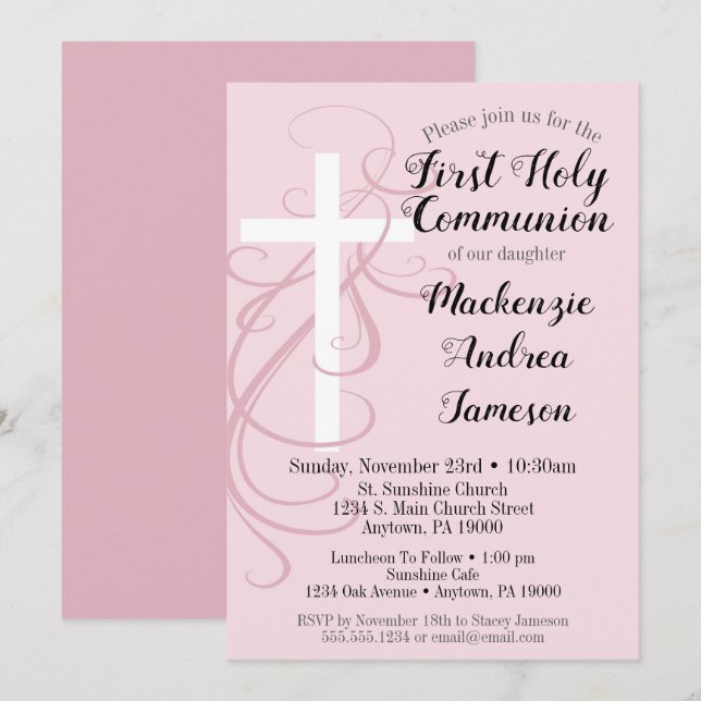 Pink Swirl Cross First Holy Communion Invitation (Front/Back)