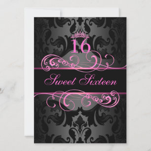 Pink Swirl Damask Sweet16 Birthday Invite