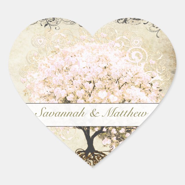 Pink Swirl Heart Leaf Tree Wedding Seal (Front)