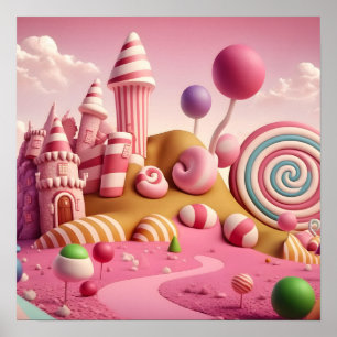 Pink Swirl Lollipop Candy Land Scene Poster