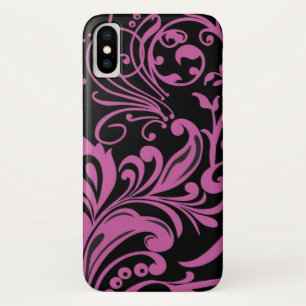 Pink Swirling Damask Pattern on Black iPhone X Case