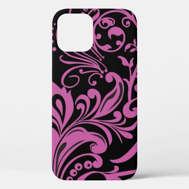 Pink Swirling Damask Pattern on Black Case-Mate iPhone Case (Back)