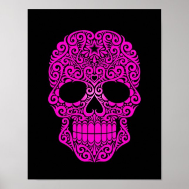 Pink Swirling Sugar Skull on Black Poster (Front)
