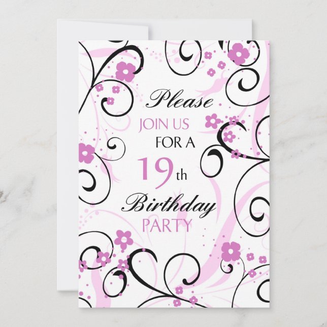 Pink Swirls 19th Birthday Party Invitation Card (Front)