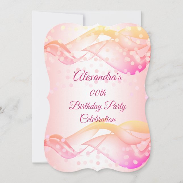 Pink Swirls Gold Lights Birthday Party Invitation (Front)