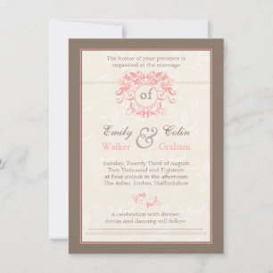 Pink swirls on pale cream damask Wedding Invitation