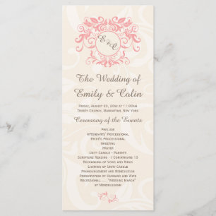 Pink swirls on pale cream damask Wedding Program Programme