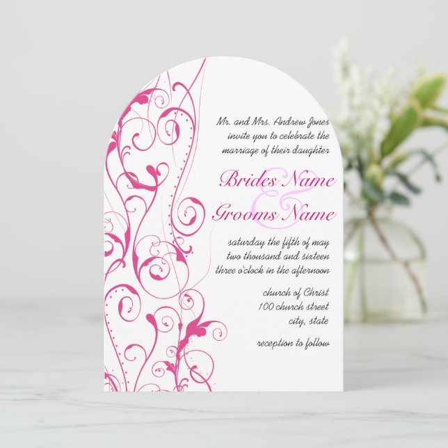 Pink Swirls Wedding Invitations (Standing Front)