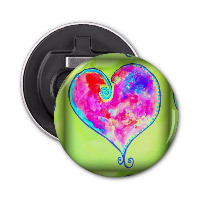 pink swirly heart green bottle opener (Front)