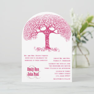 Pink Swirly Initials Carved in Tree Wedding Invite