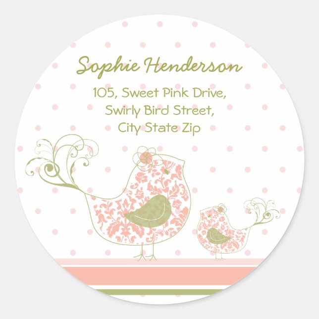 Pink Swirly Mum & Baby Bird Address Label Sticker (Front)