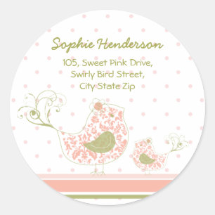 Pink Swirly Mum & Baby Bird Address Label Sticker