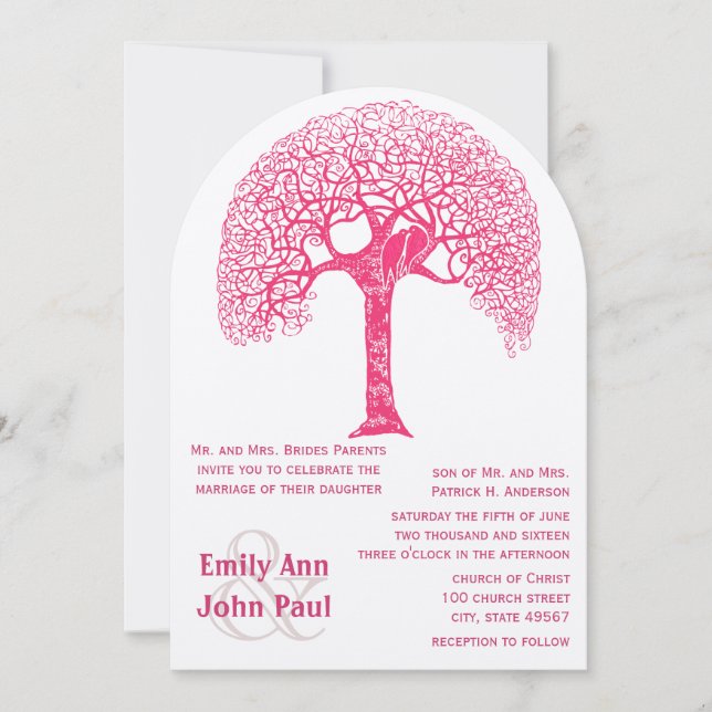 Pink Swirly Rustic Tree Love Bird Woodland Wedding Invitation (Front)