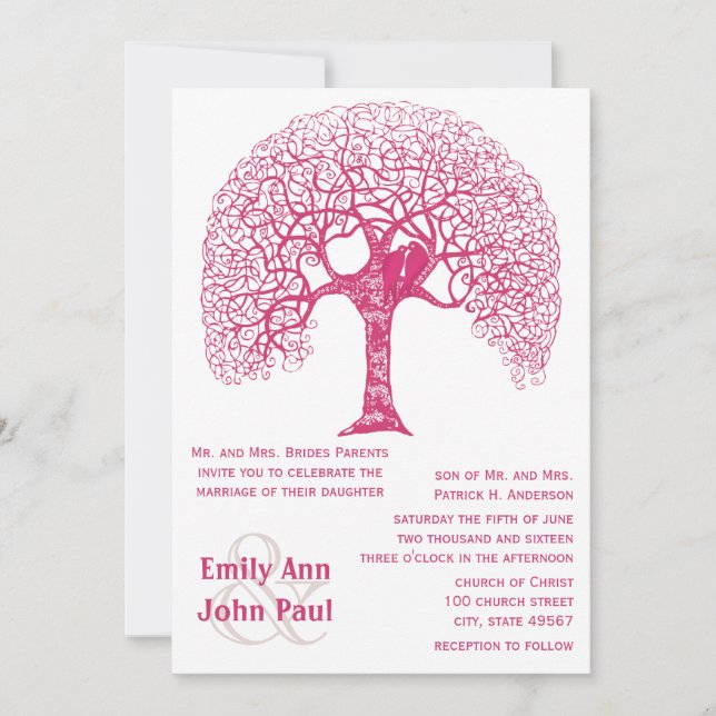 Pink Swirly Rustic Tree Love Bird Woodland Wedding Invitation (Front)