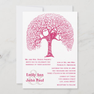 Pink Swirly Rustic Tree Love Bird Woodland Wedding Invitation
