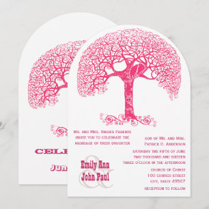 Pink Swirly Rustic Tree Love Bird Woodland Wedding Invitation