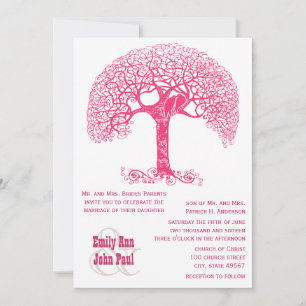 Pink Swirly Rustic Tree Love Bird Woodland Wedding Invitation