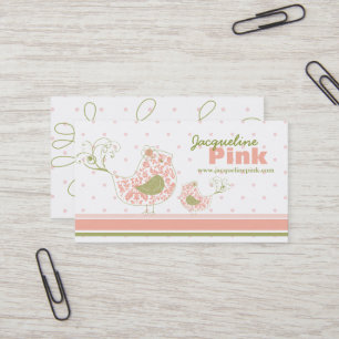 Pink Swirly Whimsical Damask Mummy And Baby Bird Business Card