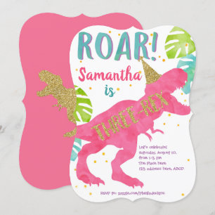 Pink, T-rex, Dinosaur, Girl, 3rd Birthday Invitation