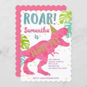 Pink, T-rex, Dinosaur, Girl, 3rd Birthday Invitation
