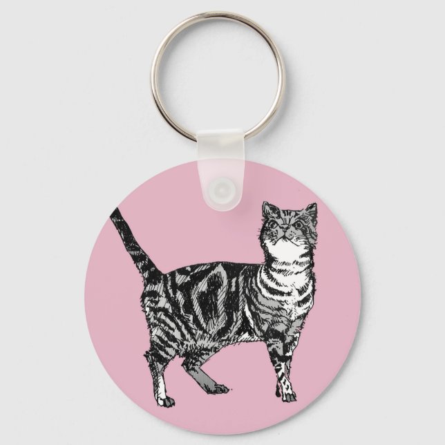 Pink Tabby Cat Cats Kitty Girls Art Key Ring (Front)